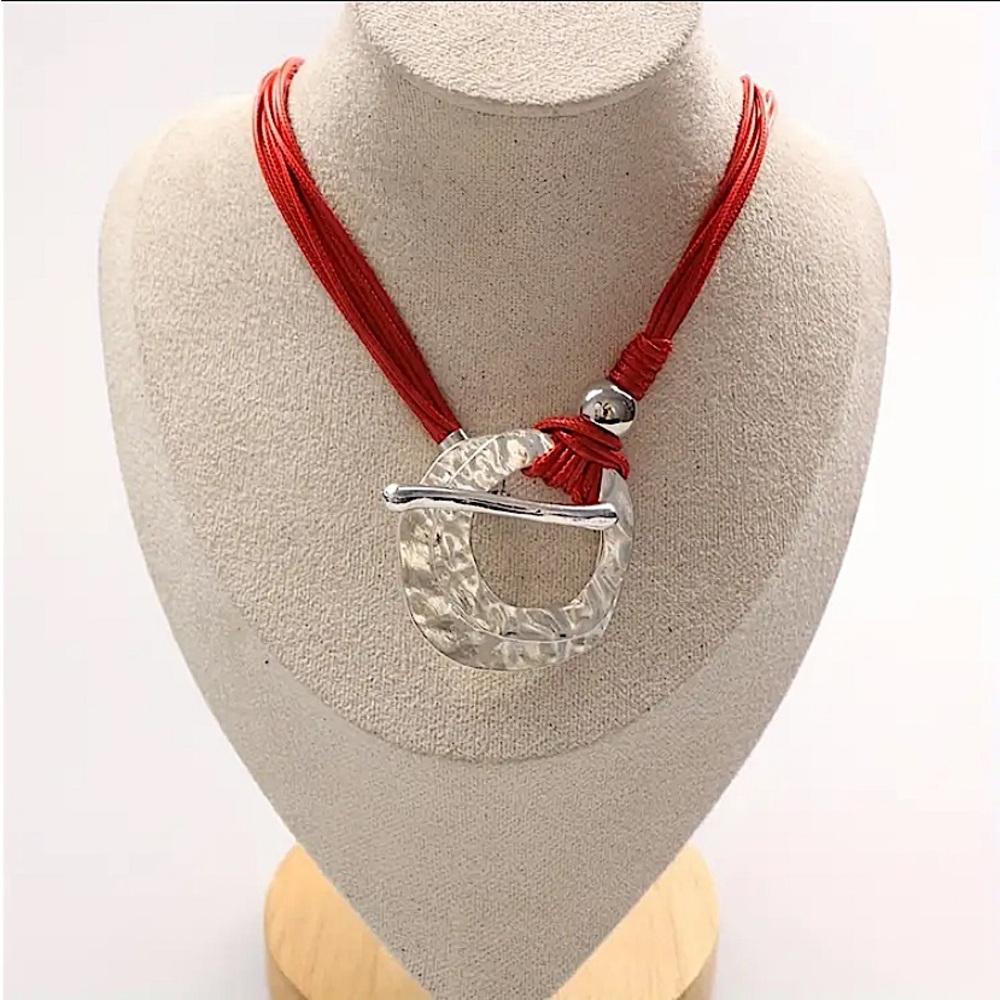 Bohemian Silver Hammered Statement Toggle Necklace, Tribal, Boho - Picture 2 of 5
